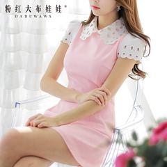 Summer dress big pink doll summer 2015 new pale pink vintage white collar short sleeve dress