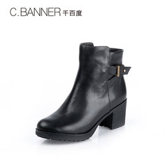C.BANNER/千百度 冬季牛皮金属扣粗跟高跟短靴A5576090