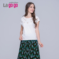Lagogo/拉谷谷2015夏季纯色钉珠镂空抽褶百搭连身袖T恤EBL791E909