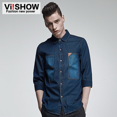 Viishow summer dress in cowboy shirt-sleeves spliced NARA plain Cowboys nickel cuff men's collared shirt wave