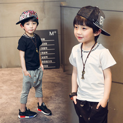 2016童装夏装新款韩版中小童领口字母印花纯棉纯色男童短袖T恤衫