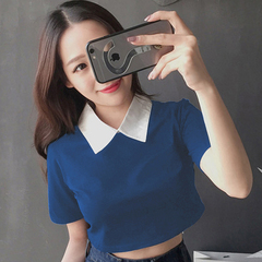 2016夏季新品韩版时尚短款高腰露脐小翻领短袖T恤修身显瘦上衣女