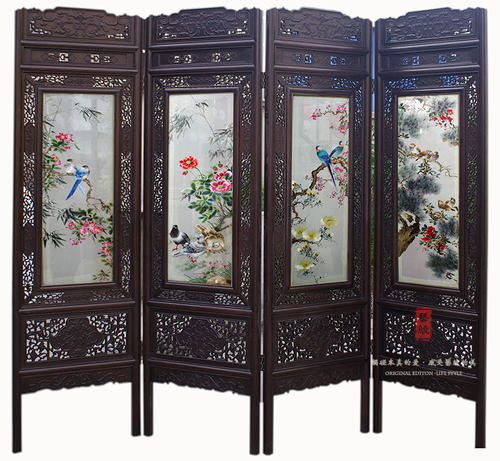 艺绫手工刺绣 大型落地屏风 双面绣苏绣成品客厅中式绣花玄关隔断_不