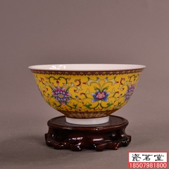仿古精品中式景德镇陶瓷碗黄地缠枝莲粉彩碗高脚饭碗面碗粥碗5寸