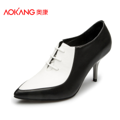 Aokang shoes leather strap high heel ankle shoes Korean fashion colour matching pointed soft genuine women's shoes