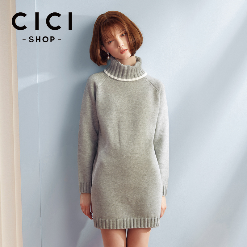 CICISHOP2016秋冬新款毛衣裙中长款宽松简约百搭高领连衣裙女7465产品展示图2