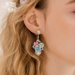 Beautiful color ceramic flower faux Pearl Earrings too sweet Korea earrings jewelry gift box H0288