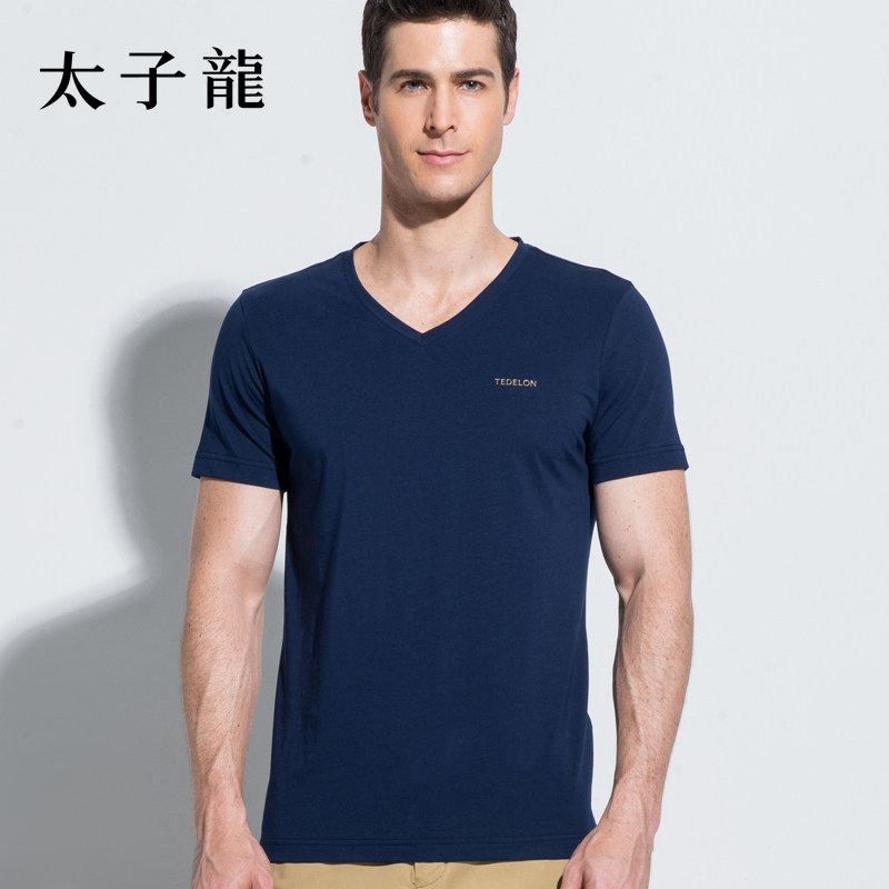 【特价】太子龙男装 夏季v领短袖t恤男士弹力棉白色上衣服休闲t桖