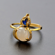 Very Thai s925 silver plated cloisonne gourd shaped white jade gemstone rings women''s silver jewelry