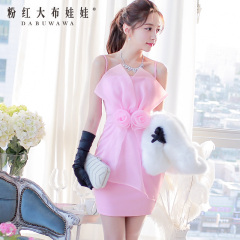 Summer dress big pink strap with purple doll 2015 new slim bag hip dress dress