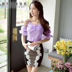 Bag hip dress big pink doll summer 2015 new black slim striped flower embroidery skirt skirt