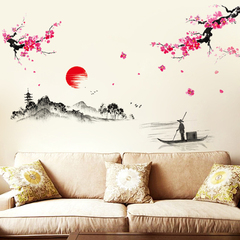墙贴客厅电视墙沙发背景中式字画创意卧室温馨墙壁贴纸日落山中远