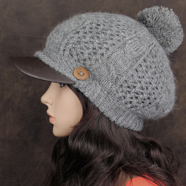 HAKUZU韩国款针织毛线帽冬季羊毛蓓蕾帽鸭舌双层保暖护耳百搭女帽
