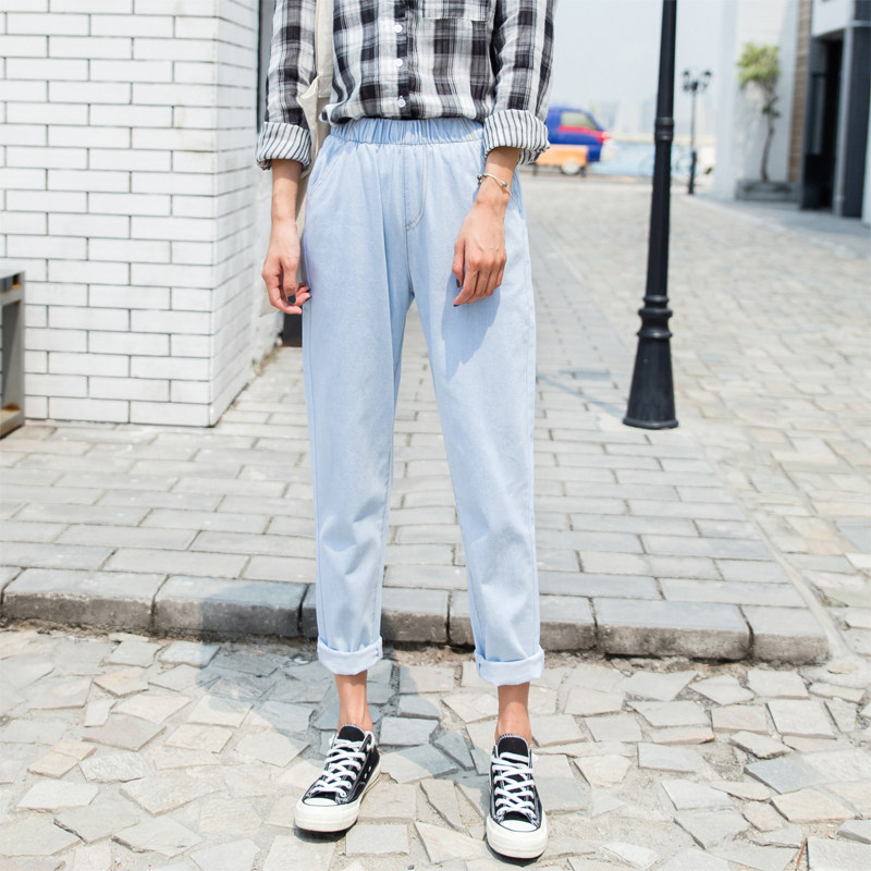 高腰加絨牛仔褲女學生韓版寬松原宿bf風哈倫褲秋鼕松緊腰束腳長褲