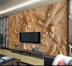 中式立体浮雕凤凰牡丹壁画电视背景墙