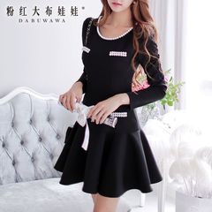 2015 dress big pink doll summer dress new black dress slim long sleeve dress