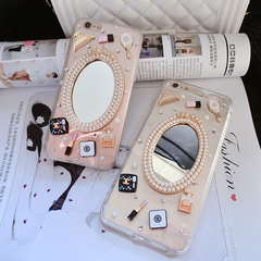 化妆镜子手机壳苹果7 plus全包透明保护套iphone6s plus珍珠钻壳