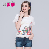 Lagogo/拉谷谷2015夏季植物印花荷叶边袖镂空纱网上衣EBA611J647