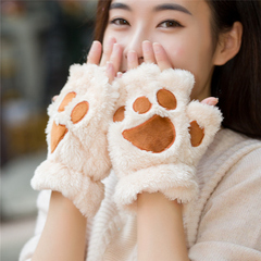 韩版手套女冬可爱卡通猫爪手套男女加厚半指手套学生情侣毛绒手套