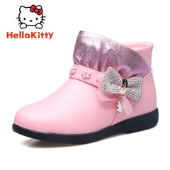 hellokitty女童鞋女童小皮鞋儿童短靴秋冬加绒新款公主鞋皮靴鞋子