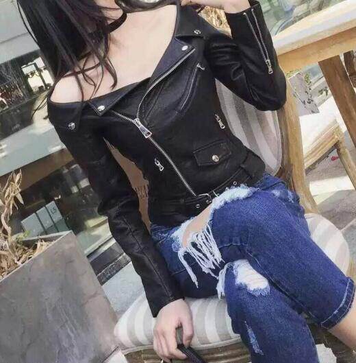 lulustudio大s孙芸芸同款露肩一字领短款机车皮衣pu夹克外套女春