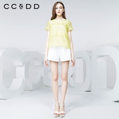 CCDD2016夏装新款专柜正品女 欧根纱印花衬衫 圆领短袖上衣