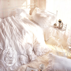 韩式田园白雪公主纯白色四件套蕾丝花边床裙床罩贡缎纯色床上用品