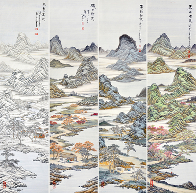 美院教授 蒋继平 国画工笔山水《 春夏秋冬四条屏》