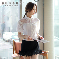 Shirts girls big pink doll 2015 new women's slim short sleeve white shirts with Pearl lace Bell sleeves