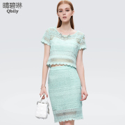 Fine bi Linda 2015 new lace dress women's clothing boutique in summer high waist bag hip two-piece suit with short sleeves skirt