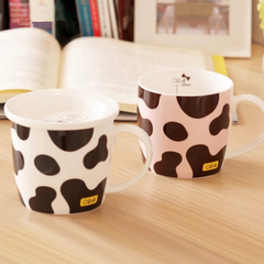 kakikaki个性奶牛陶瓷杯子创意马克咖啡杯带盖刻度儿童牛奶水杯