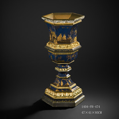 欧式美式法式复古皇室蓝手绘描金堆金贴金箔六角落地大花瓶摆件