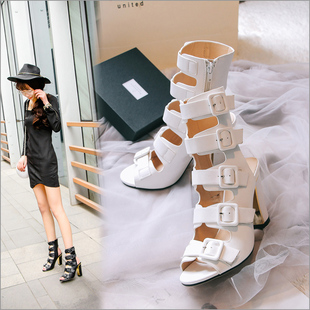 prada包9月生產 黑白色 三月9公分9CM超高跟鞋9厘米粗跟露趾皮帶扣女式夜店涼靴新 prada包