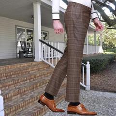2015男装原创设计羊毛呢深咖啡棕色方格纹修身窄脚款时尚西裤