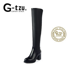 GTZU纯色圆头粗跟高跟女鞋骑士靴欧美冬季2016新款简约靴子3390