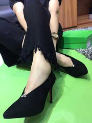 欧洲站2016新款鞋水钻珍珠细跟高跟性感V字口尖头女鞋单鞋女黑色
