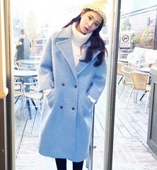 韩国代购2016秋装修身加厚中长款羊毛呢大衣保暖大码呢子外套 蓝