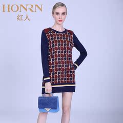 honrn/红人女装2016新款深蓝/多色格纹提花长款针织衫H44OM460