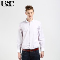 USC春夏新款美式修身男士商务正装长袖衬衫衬衣拼接条纹