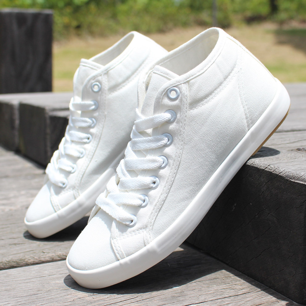 白色帆布鞋女高帮平底
