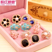 Niang Niang Korean accessories decorative diamonds, Pink Sapphire drop Pearl Opal Stud Earrings ear jewelry