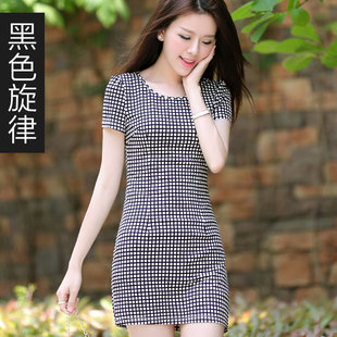 黑色旋律旗舰店2015夏装新款韩版女装修身连衣裙显瘦格子包臀裙大码OL百搭打底裙