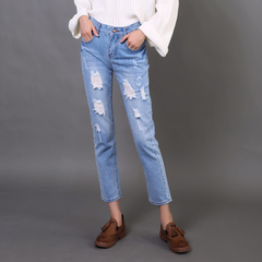 appocat2016秋季韩版热卖新款女士高含量牛仔棉破洞九分牛仔裤