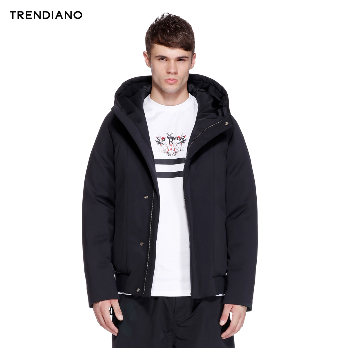 TRENDIANO新2016男装冬装潮流纯色拼接连帽羽绒服外套3HC4332240产品展示图5