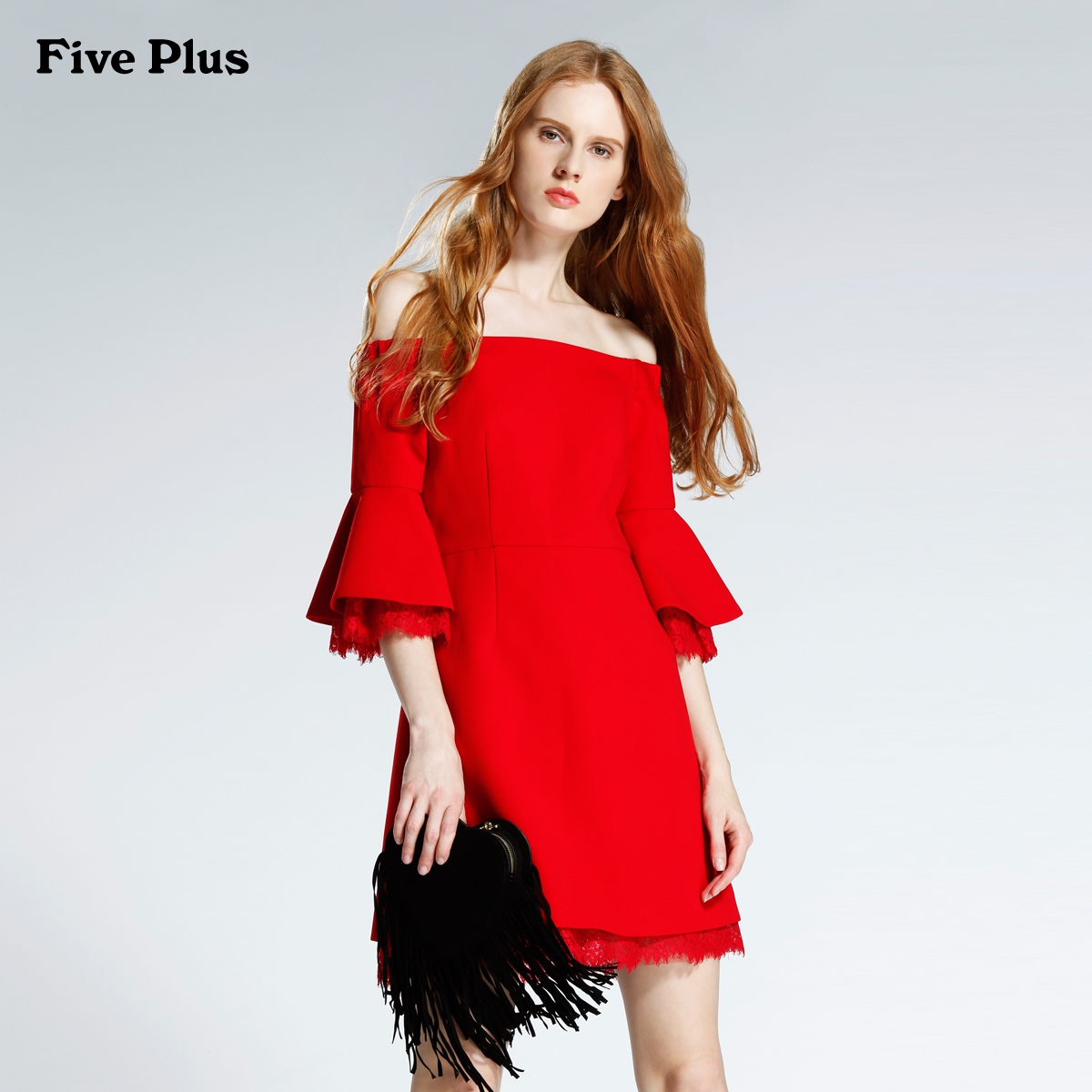 Five Plus2016新品女冬装一字领露肩中袖连衣裙小礼服2HF5085760产品展示图4