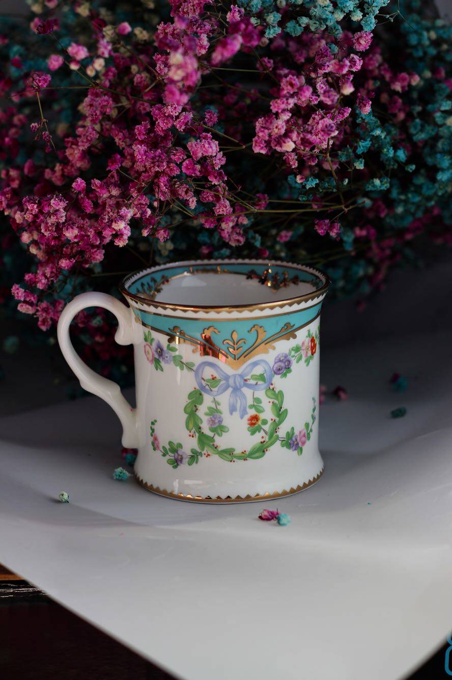 丝带玫瑰重工骨瓷马克收藏咖啡茶杯饮水杯蒂芙尼蓝tiffany bl