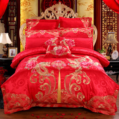 佐薇刺绣婚庆四件套大红结婚床品1.8m贡缎床上用品新婚多六件套