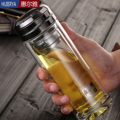 惠尔雅 透明水晶玻璃杯双层带盖过滤网 手提茶杯 睿智系列