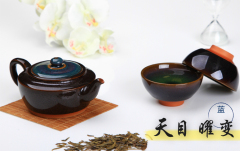 台湾宜龙陶瓷功夫茶具套装茶壶茶杯一壶两杯3入-天目耀变釉蓝