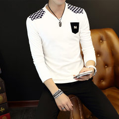 秋冬季韩版男装男士长袖T恤青少年潮流加绒加厚打底衫V领体恤男